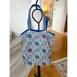 Stephanie Nicole Blue White Mosaic Beaded Floral Indian Tote Bag